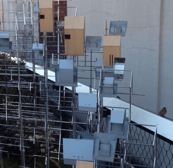 a bunch of boxes that are on a fence